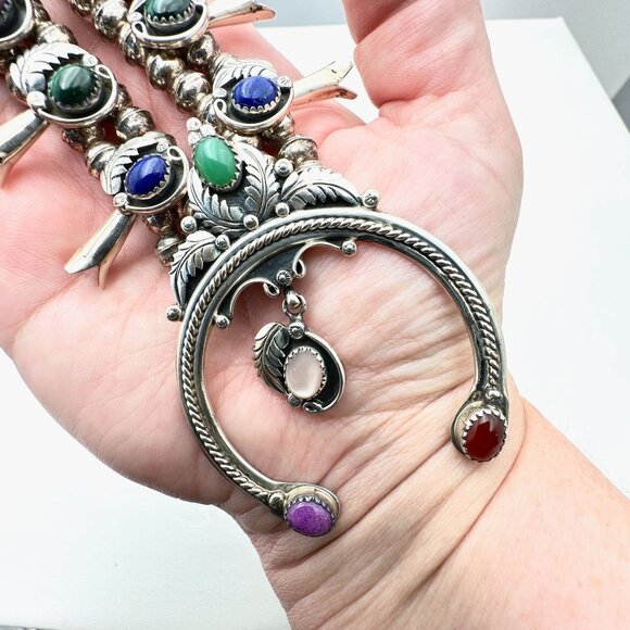 Native American M Haley Sterling Silver Gemstone Squash Blossom Necklace 100 GMS - Picture 8 of 15